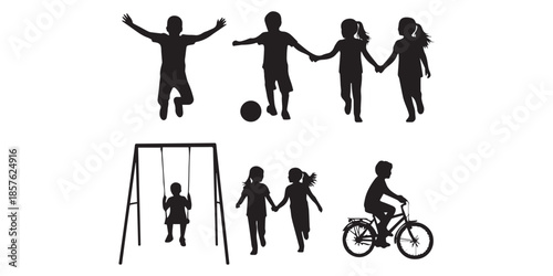 Collection of black vector silhouettes featuring happy children boys and girls jumping playing and waving hands isolated on white background.