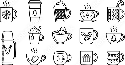 Collection of various hot beverage cups and mugs with different designs and shapes in a grid layout