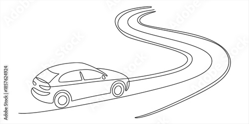 A single continuous line drawing capturing a car's journey along a winding road on a white background Vector, illustration