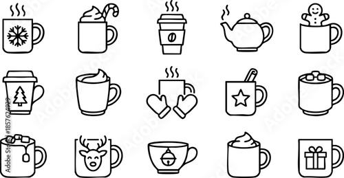 A collection of coffee cups and mugs with various designs and steam rising, presented in a grid layout.