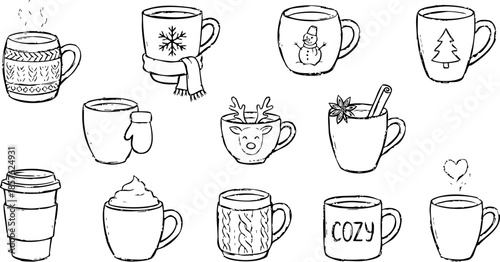 Collection of assorted coffee cups with various designs and themes on a white background
