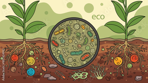 Microscopic View of Soil Microorganisms and Plants.