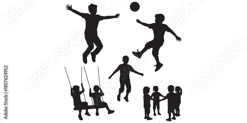 Collection of black vector silhouettes featuring happy children boys and girls jumping playing and waving hands isolated on white background.