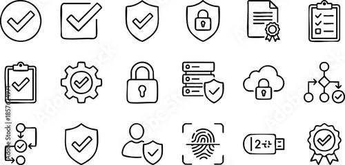 Collection of Simple Line Icons Representing Security and Verification Concepts on a White Background