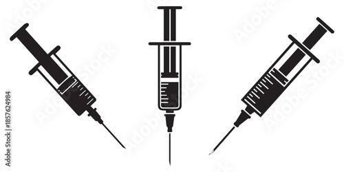 A simple black syringe illustration against a white background silhouette, A simple black syringe illustration against a white background silhouette,  medical syringe with needle, pro