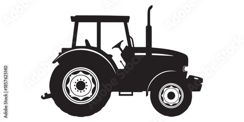 Black silhouette of a modern farm tractor on a white background, Black silhouette of a tractor plowing a field representing agriculture and farming isolated on white background, pro