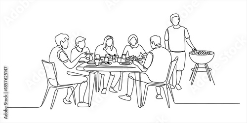 Continuous line art illustration of a group enjoying a barbecue meal together at a table Vector, illustration