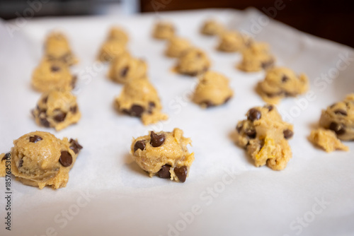 Canvas Print Step-by-step homemade chocolate chip cookie baking process, showing mixing wet and dry ingredients, folding in chocolate chips, and scooping raw cookie dough onto a baking sheet in a home kitchen