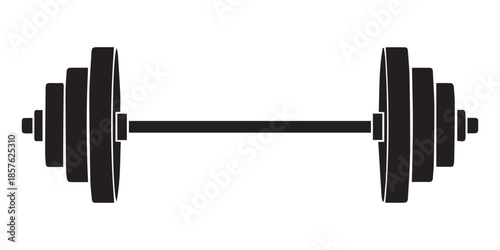 A classic barbell with multiple weight plates on each side presented as a bold black silhouette against a white background,Black silhouette of a barbell with radiating lines, pro