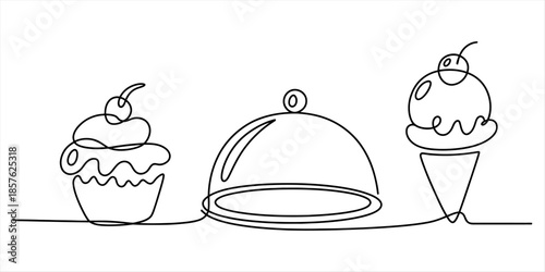 Continuous line drawing featuring sweet desserts and a serving cloche illustration Vector, illustration