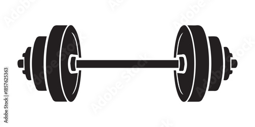 A classic barbell with multiple weight plates on each side presented as a bold black silhouette against a white background,Black silhouette of a barbell with radiating lines, pro