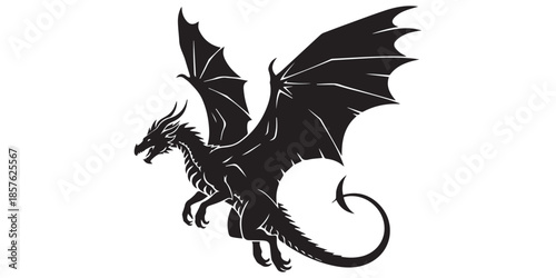 Black dragon silhouette flying with spread wings, fantasy monster vector illustration, mythical creature isolated on white background, gothic tattoo design, pro