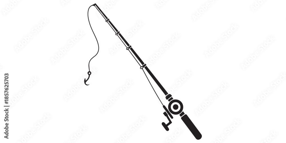 Fototapeta premium A silhouette fishing rod is angling with a hook on a white background, black and white fishing rods with reels on white background fishing pole, Simple black silhouette , pro