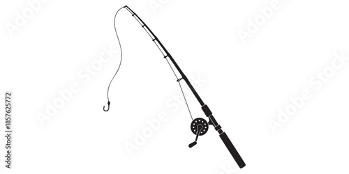 A silhouette fishing rod is angling with a hook on a white background, black and white fishing rods with reels on white background fishing pole, Simple black silhouette , pro