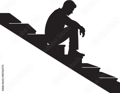 Sad Person Sitting on Stairs Silhouette Vector Illustration
