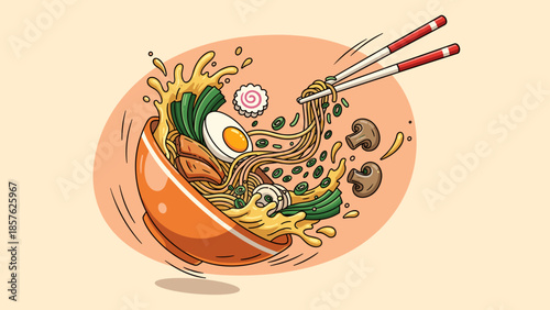 Delicious Japanese Ramen Bowl Illustration – Toppings, Noodles, and Broth