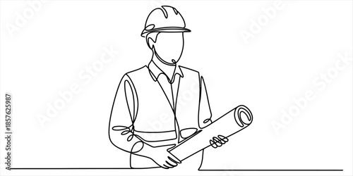 A continuous single line drawing of an engineer or construction worker holding blueprints Vector, illustration