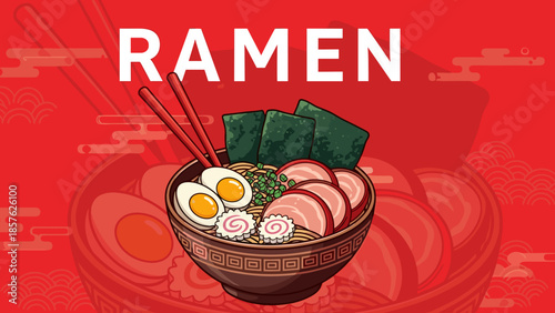Delicious Japanese Ramen Bowl Illustration – Toppings, Noodles, and Broth