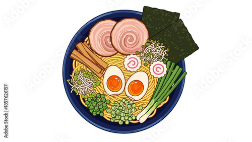 Delicious Japanese Ramen Bowl Illustration – Toppings, Noodles, and Broth