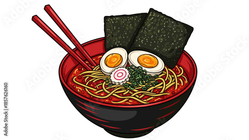 Delicious Japanese Ramen Bowl Illustration – Toppings, Noodles, and Broth