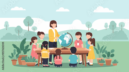 Teacher and Children Around Globe Outdoors.