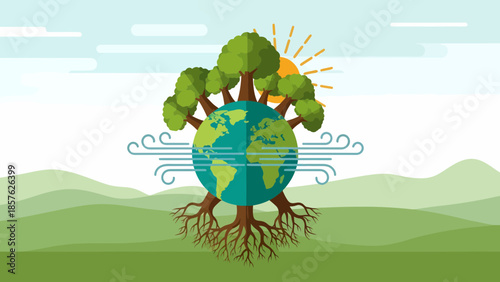 Tree Representing Earth with Roots and Leaves.