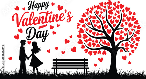Romantic Couple Silhouette with Tree of Hearts and Bench ? Valentine?s Day Love Vector Illustration