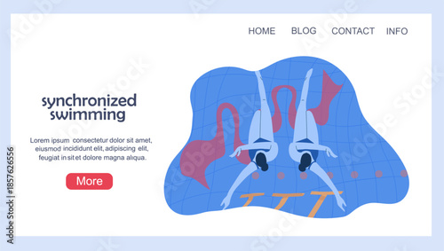 Landing page with a women's synchronized swimming team. Hand drawn vector illustration.
