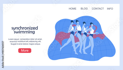Landing page with a women's synchronized swimming team. Hand drawn vector illustration.