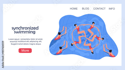 Landing page with a women's synchronized swimming team. Hand drawn vector illustration.