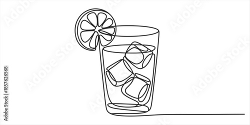 Continuous line drawing of a refreshing cold drink in a glass with ice and lemon Vector, illustration