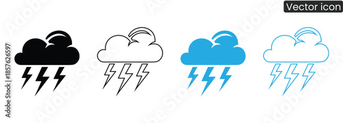 Set of vector icons illustrating stormy weather with lightning bolts and rain clouds in different colors