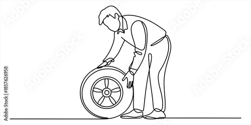 Continuous line drawing of a mechanic or technician inspecting a car wheel Vector, illustration