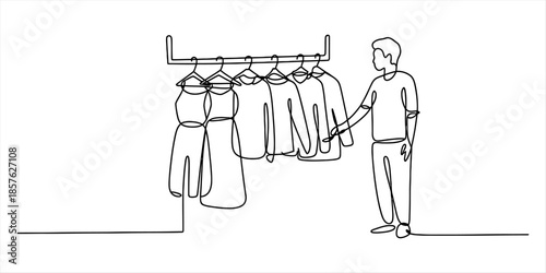 Continuous line art of a man selecting clothes from a retail rack in a store Vector, illustration