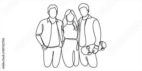 Continuous line art drawing of three young friends standing together, symbolizing friendship and youth Vector, illustration