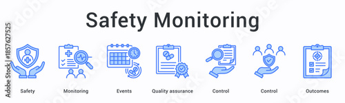 Safety monitoring banner web icon tracks events and quality assurance through control mechanisms measuring outcomes carefully.