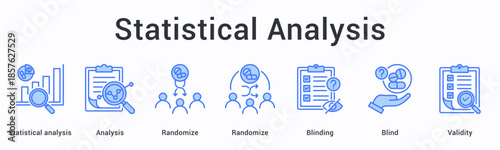 Statistical analysis banner web icon employs randomization and blinding techniques ensuring validity throughout analytical process.