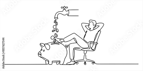 Continuous line drawing of a relaxed person receiving passive income into a piggy bank Vector, illustration