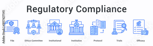 Regulatory compliance banner web icon ensures fda and ethics committee institutional protocol adherence measuring trials efficacy.