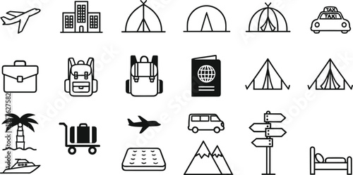 Comprehensive travel and vacation icon set featuring camping tents airplanes hotel buildings passports backpacks mountain landscapes and tropical beach destination symbols