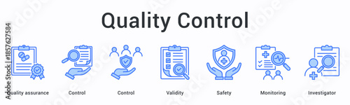Quality control banner web icon maintains validity and safety through monitoring with investigator oversight and standards.