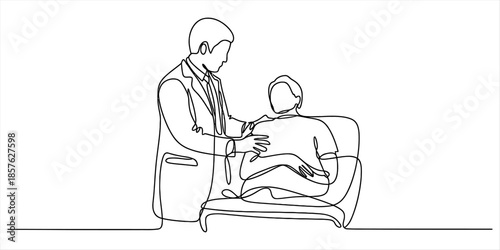 Doctor offering comfort and support to a seated patient in a continuous line art drawing Vector, illustration