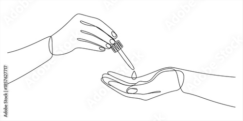 Continuous line art illustration showing hands applying liquid from a dropper for a skincare routine Vector, illustration