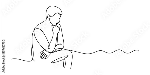 Continuous line drawing of a person sitting and contemplating in a thoughtful pose Vector, illustration