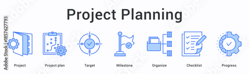 Project planning banner web icon establishes blueprint with targets and milestones using organized checklists for progress.