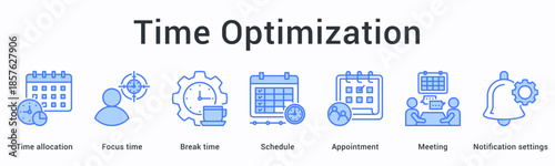 Time optimization banner web icon allocates focus time with break periods through schedules appointments and meeting notification settings.