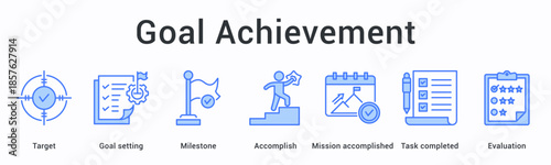 Goal achievement banner web icon demonstrating determination through steps and challenges toward successful outcomes.