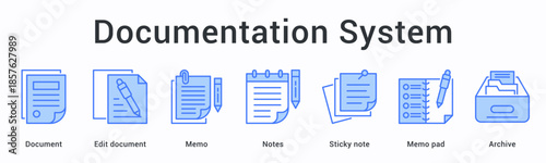Documentation system banner web icon manages documents with editing memos notes and sticky note pads for archive storage.