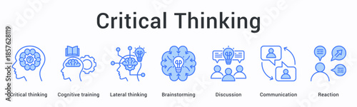 Critical thinking banner web icon develops cognitive and lateral thinking through brainstorming discussions and communication reactions.