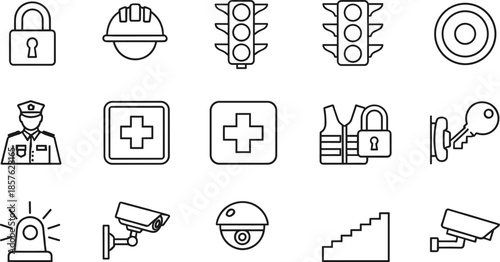 Safety and security line icons set featuring surveillance cameras traffic lights hard hats security guards padlocks and medical emergency signs for protection and surveillance projects